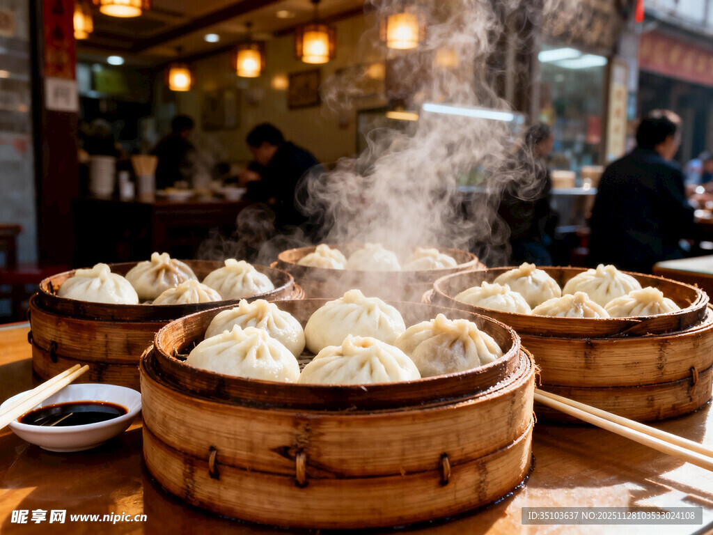 热气腾腾的传统蒸笼包子