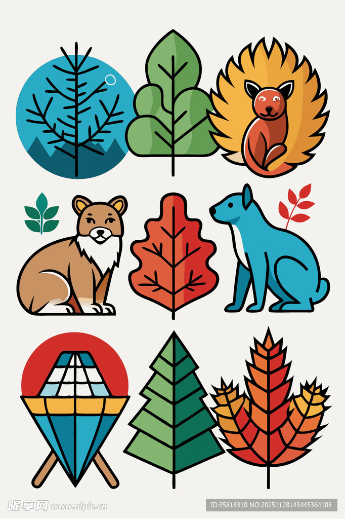 森林动物与植物插画元素