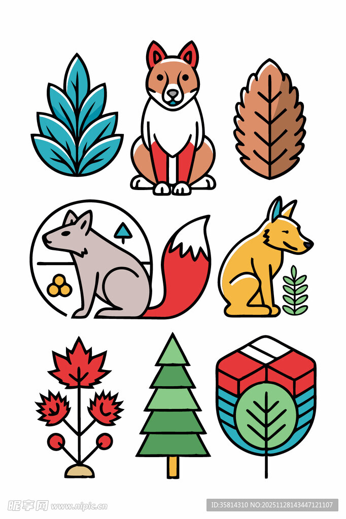 森林动物与植物插画元素