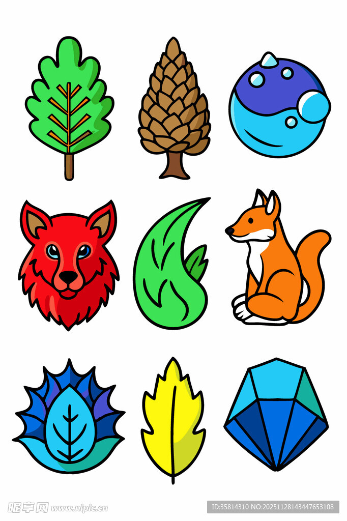森林元素卡通图标集合