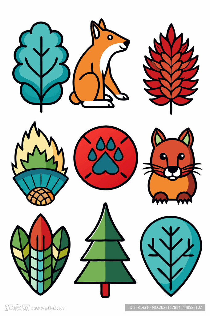森林动物植物图标集合