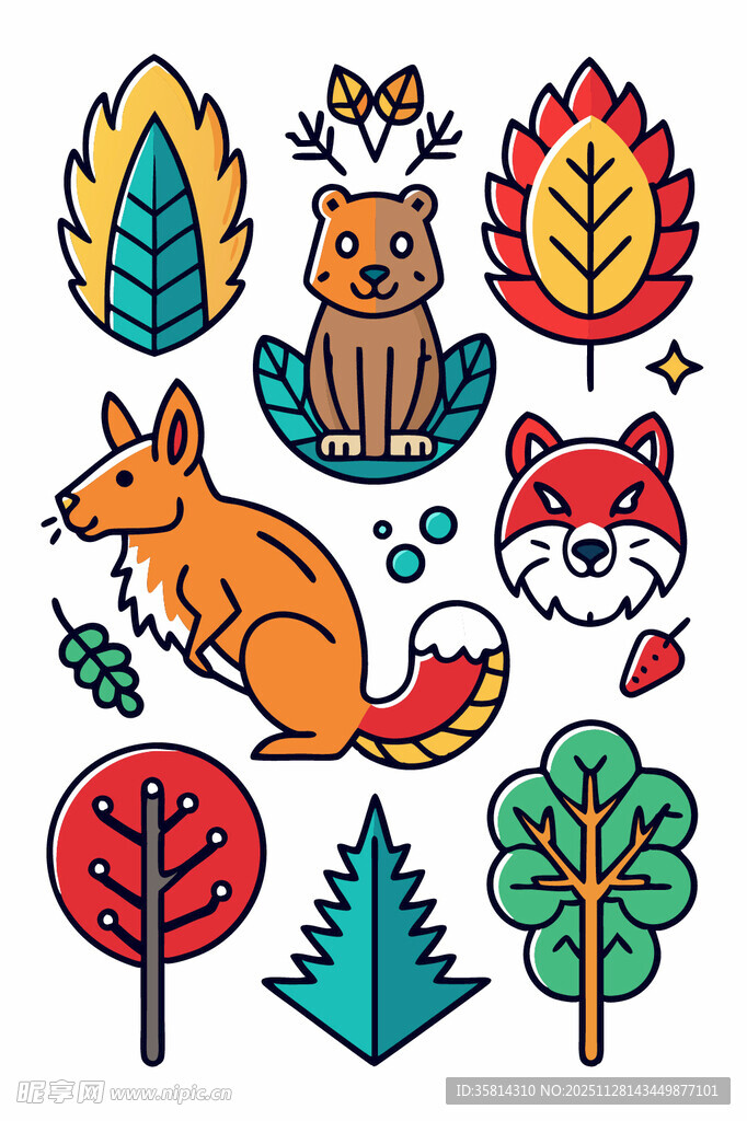 森林动物与多彩树木插画