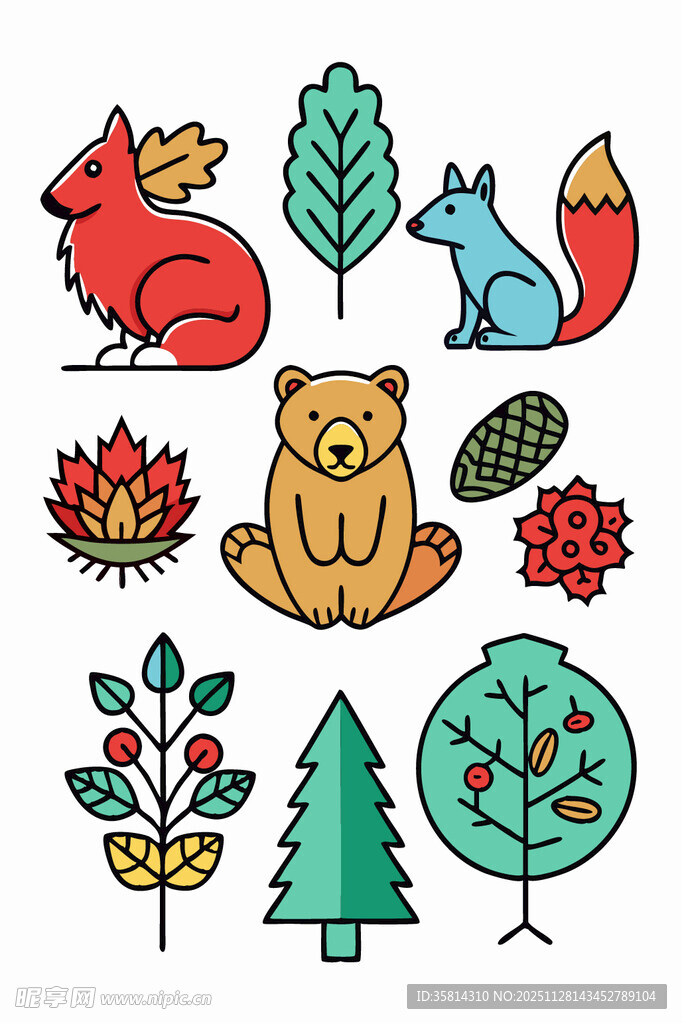 森林动物与植物可爱插画