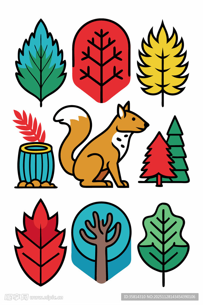 秋季森林动物与树叶插画