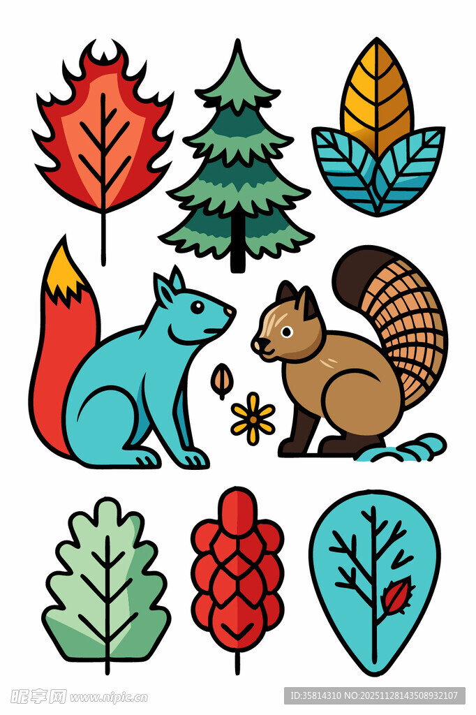 秋季动物与树叶插画