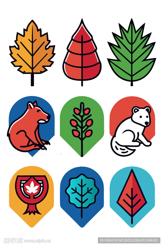 秋季动物与树叶图标集合