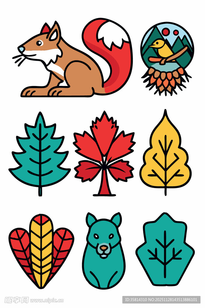 秋季动物与树叶图案集合