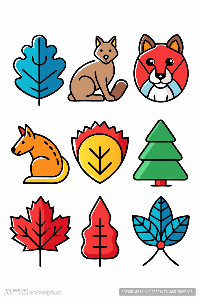 秋季动物与树叶图标集合
