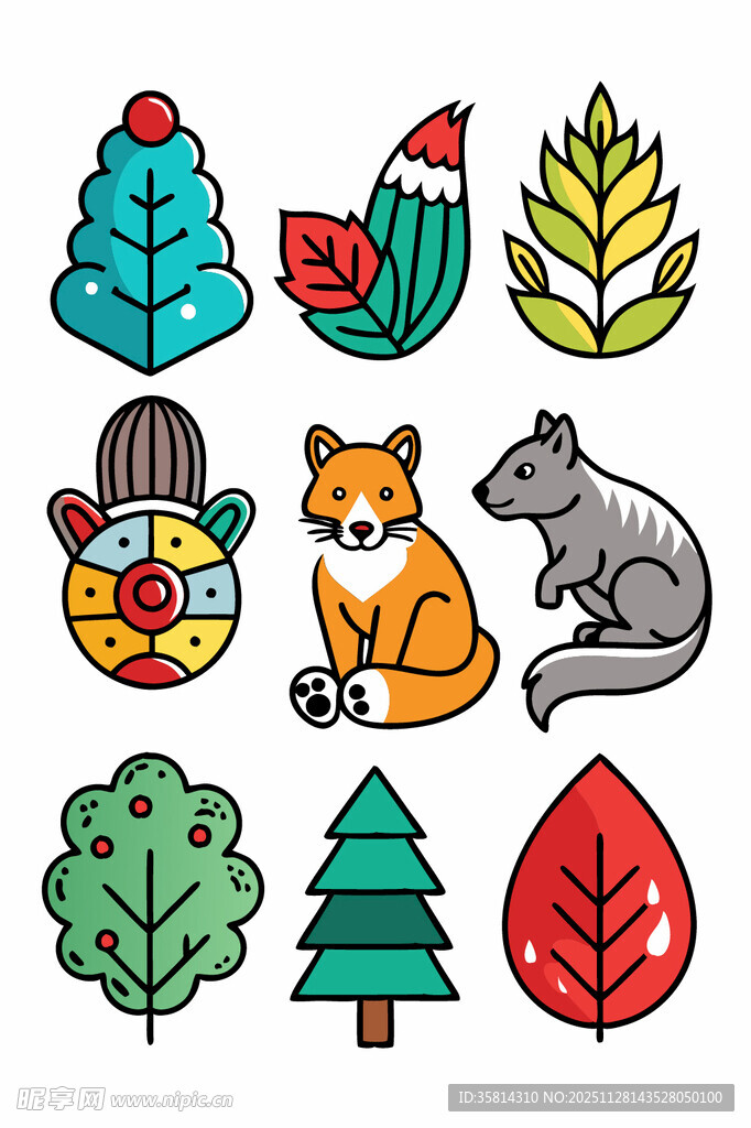 森林动物与植物卡通图案