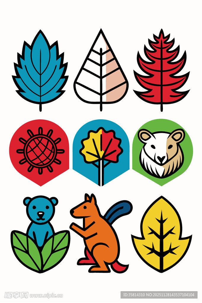 秋季动物与树叶卡通图案