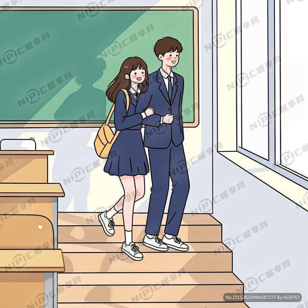 两个大学学一男一女上楼梯