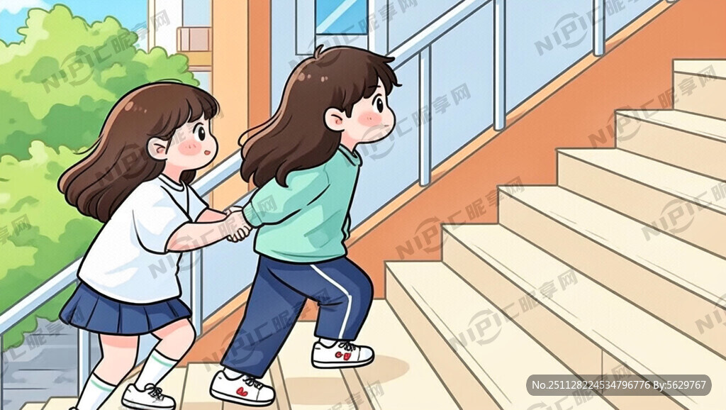 两个大学生男女前后上楼梯