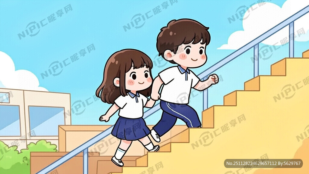 两个大学生一男一女前后上楼梯