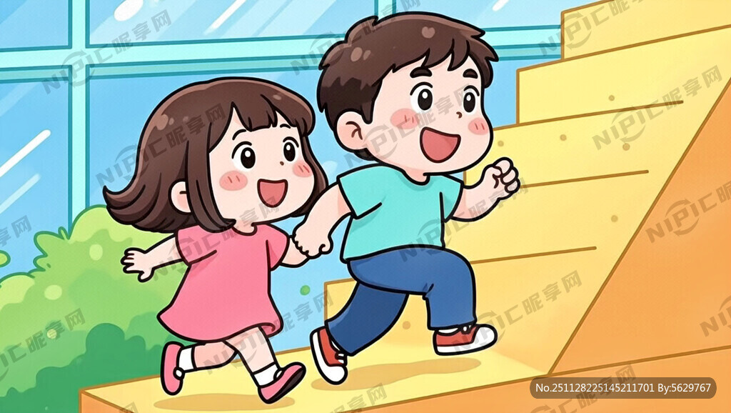 两个一男一女前后高兴地走楼梯