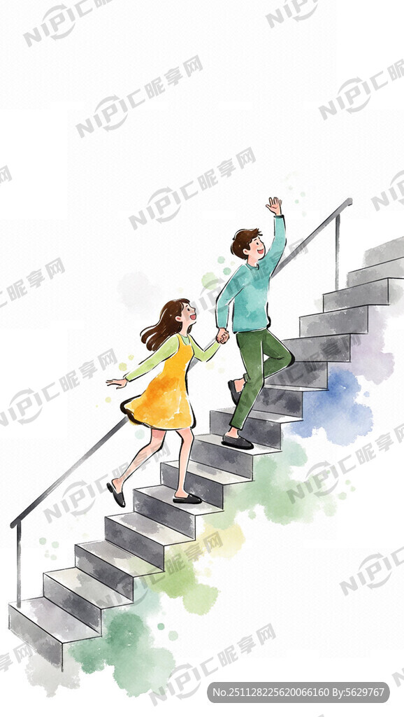 两个一男一女前后高兴地走楼梯