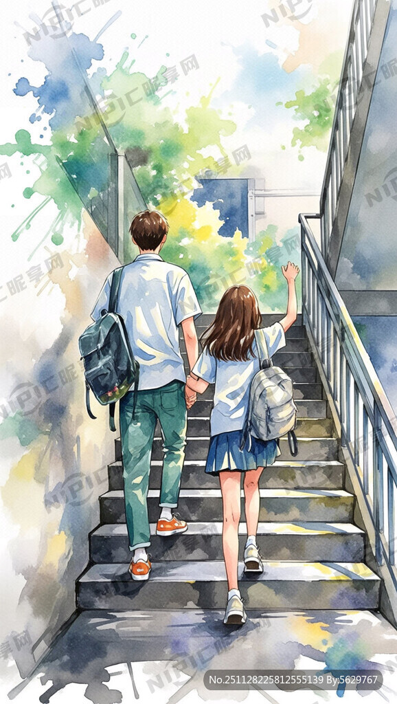 两个大学生一男一女前后高兴地走