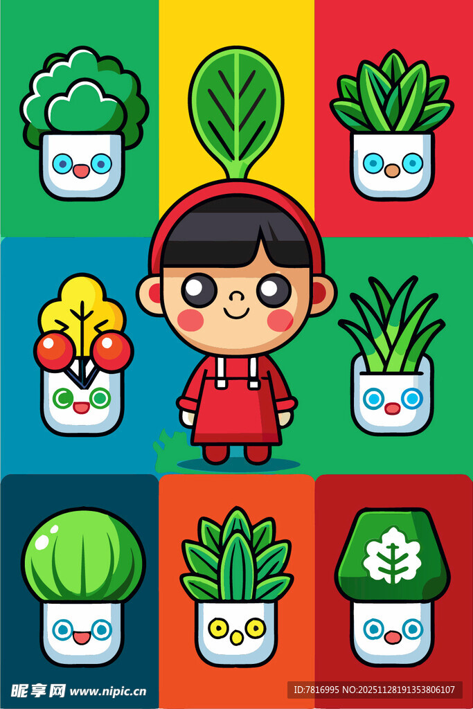 卡通女孩与多彩盆栽世界