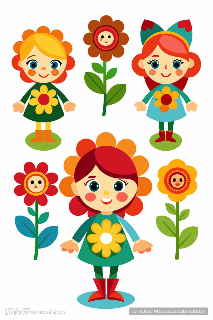 可爱花裙女孩与花朵图案