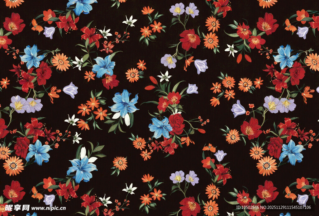 黑色底多彩花卉图案