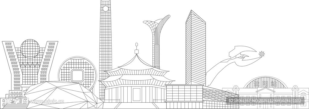 城市地标建筑线描图