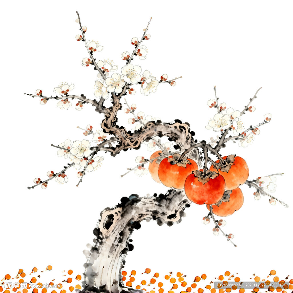 水墨风柿子树艺术插画
