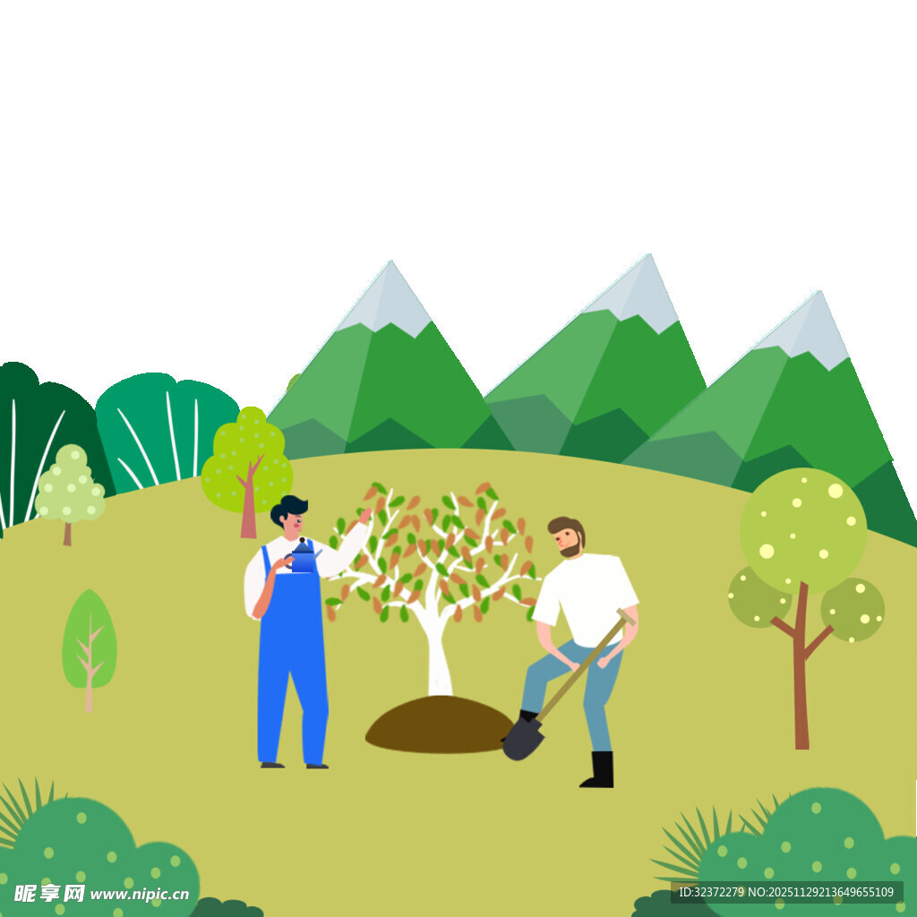 两人田园植树场景