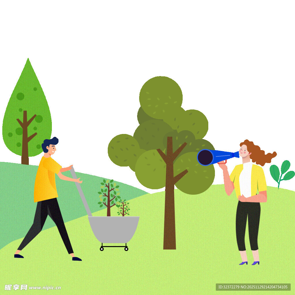 两人户外植树场景