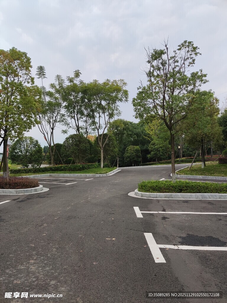 空旷停车场与周边绿树