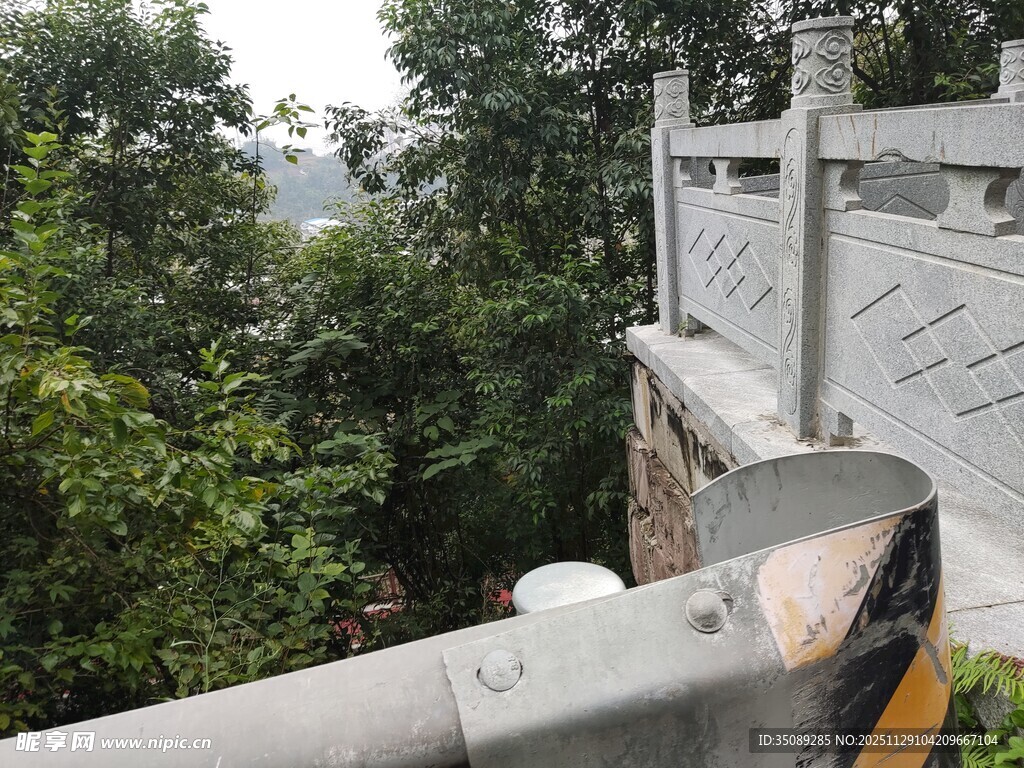 护栏旁绿意盎然的景致