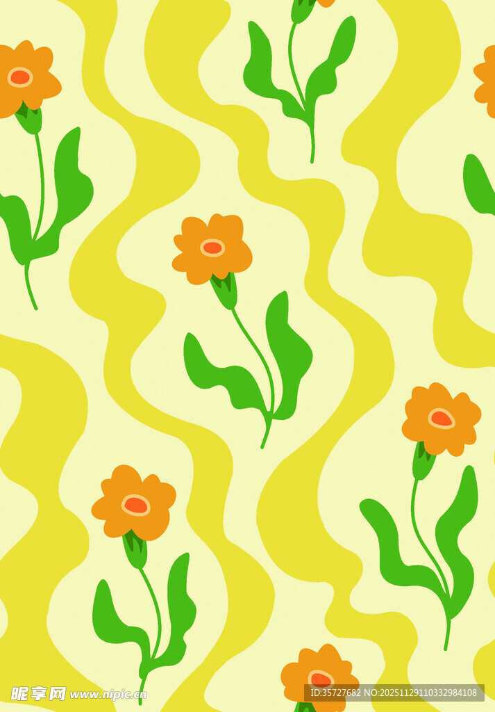 黄色花卉波浪纹图案背景
