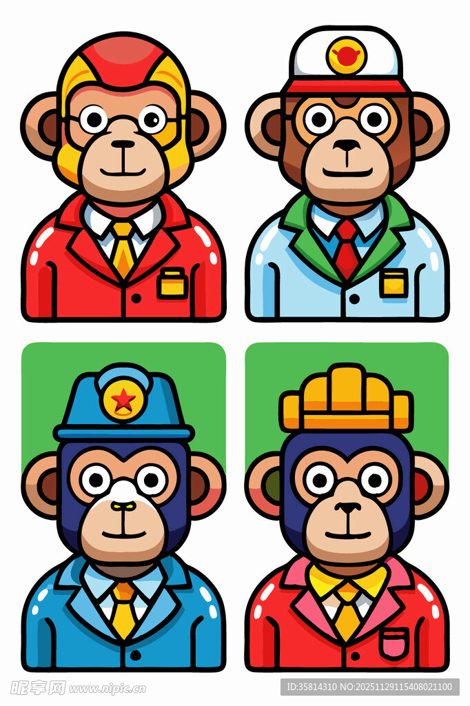 四只着装各异的卡通猴子