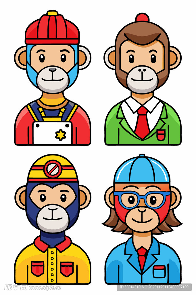 四只职业装扮的猴子形象