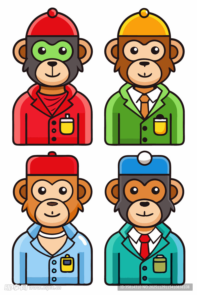 四只职业装扮的猴子形象