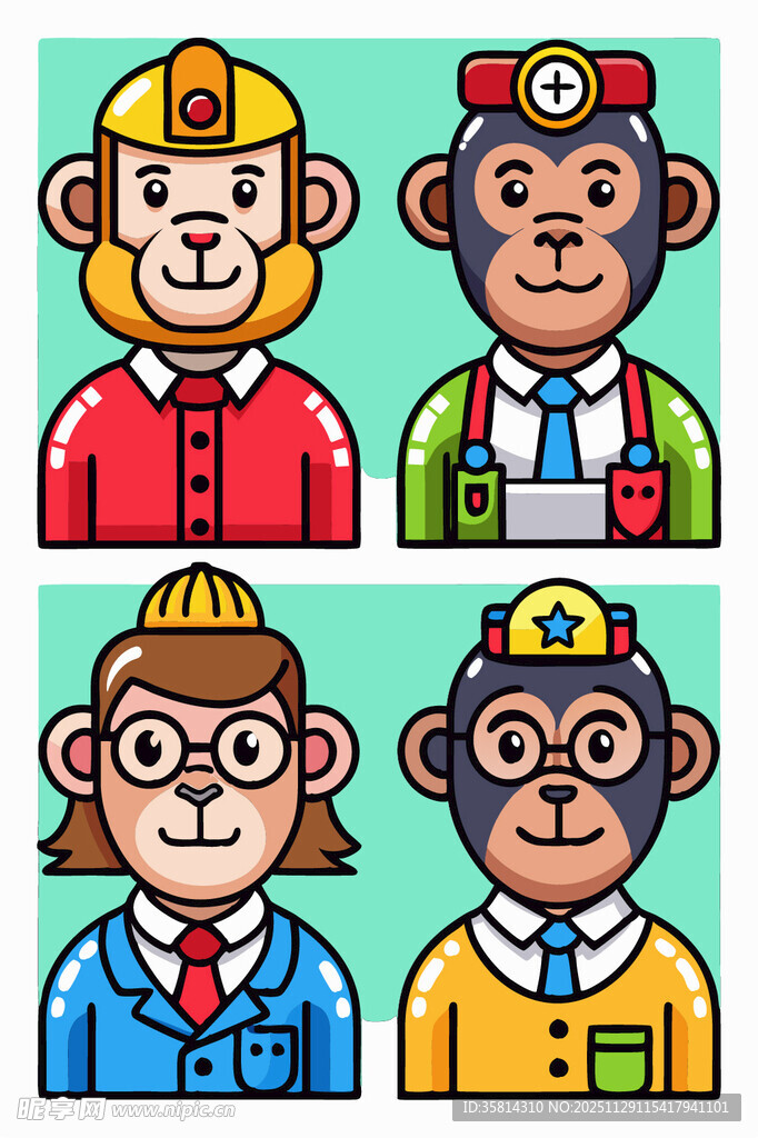 四只职业装扮的猴子形象