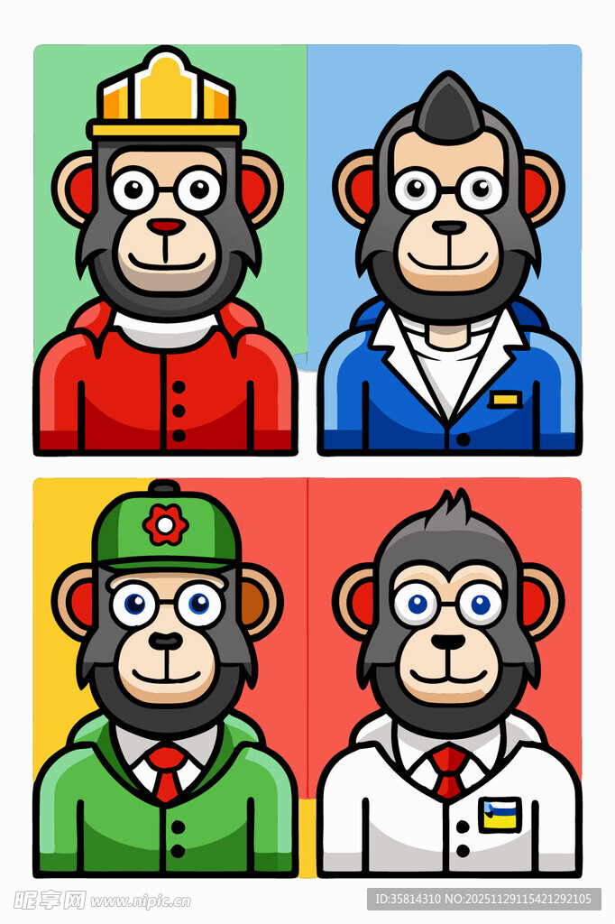 四只风格各异的猴子形象