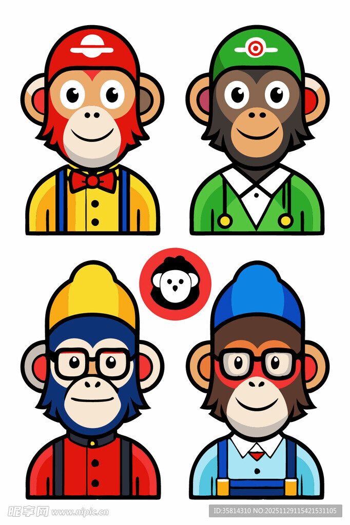 四只时尚装扮的猴子形象
