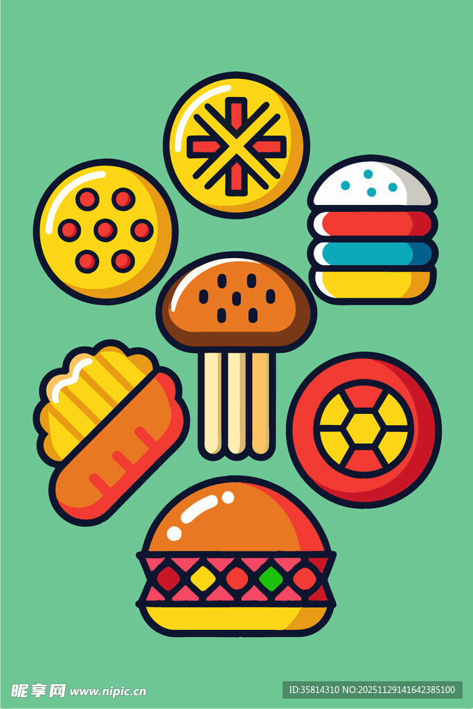 多彩美味快餐图标集合