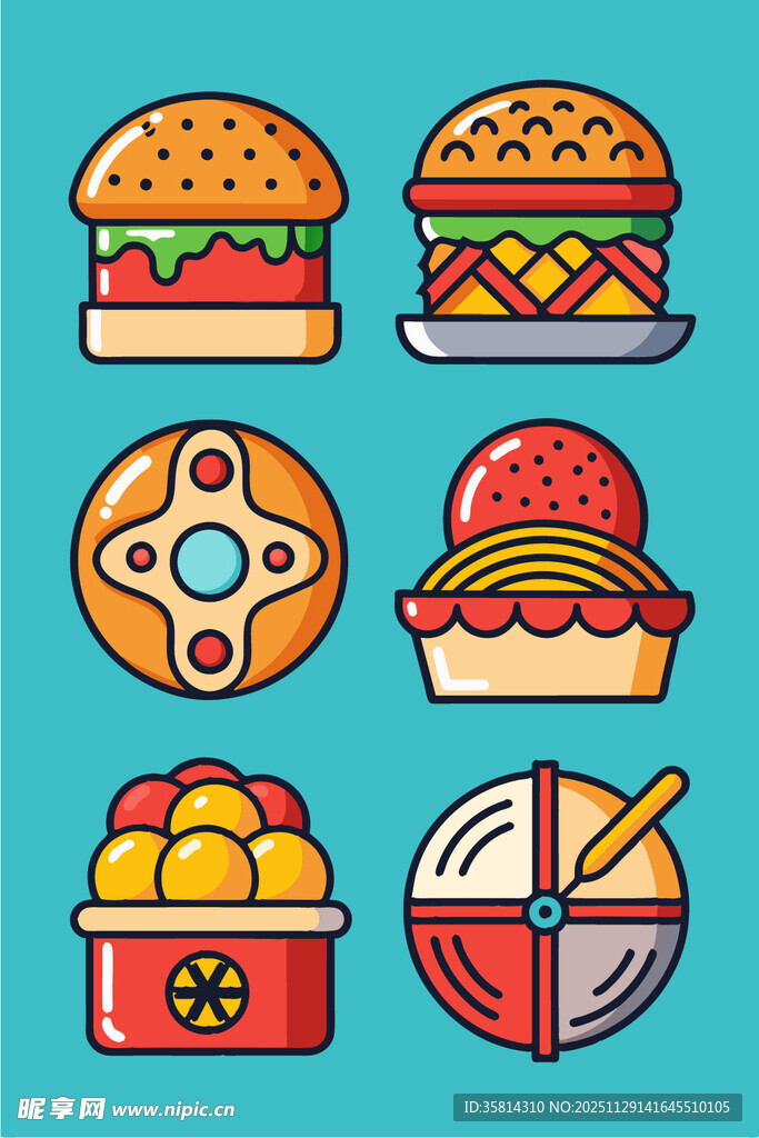 多彩美味快餐图标集合