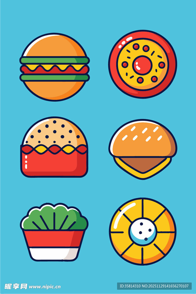 多彩美味快餐图标集合