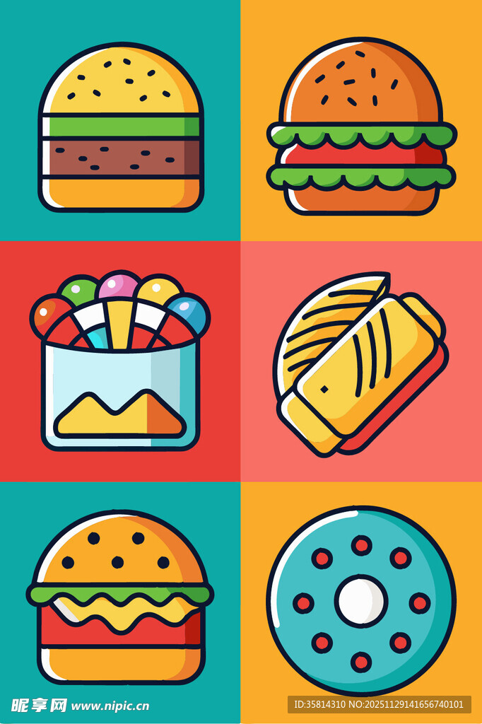 多彩美味快餐图标集合