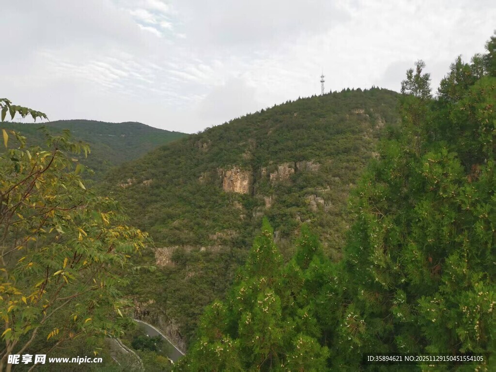 山间绿意盎然的自然景致