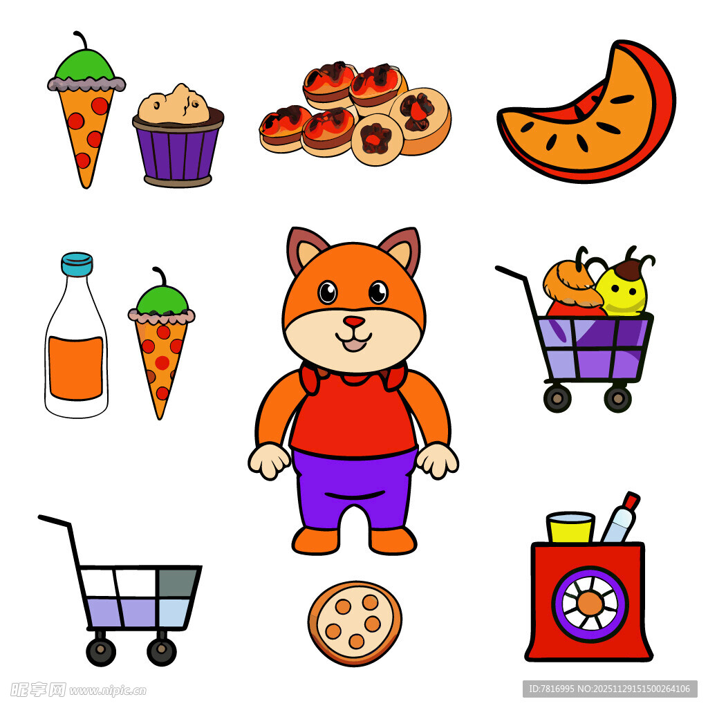 可爱小熊与多样食品购物图