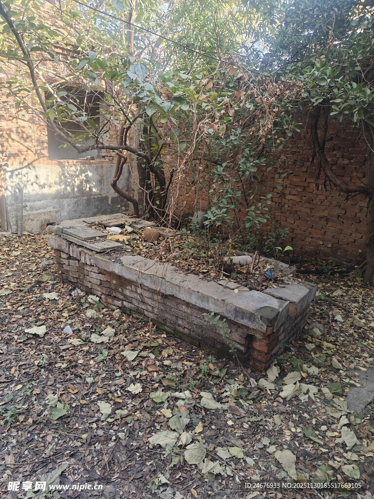 老旧木槽置于落叶庭院中