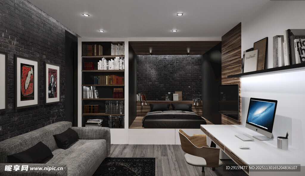 现代简约风客厅书房一体空间