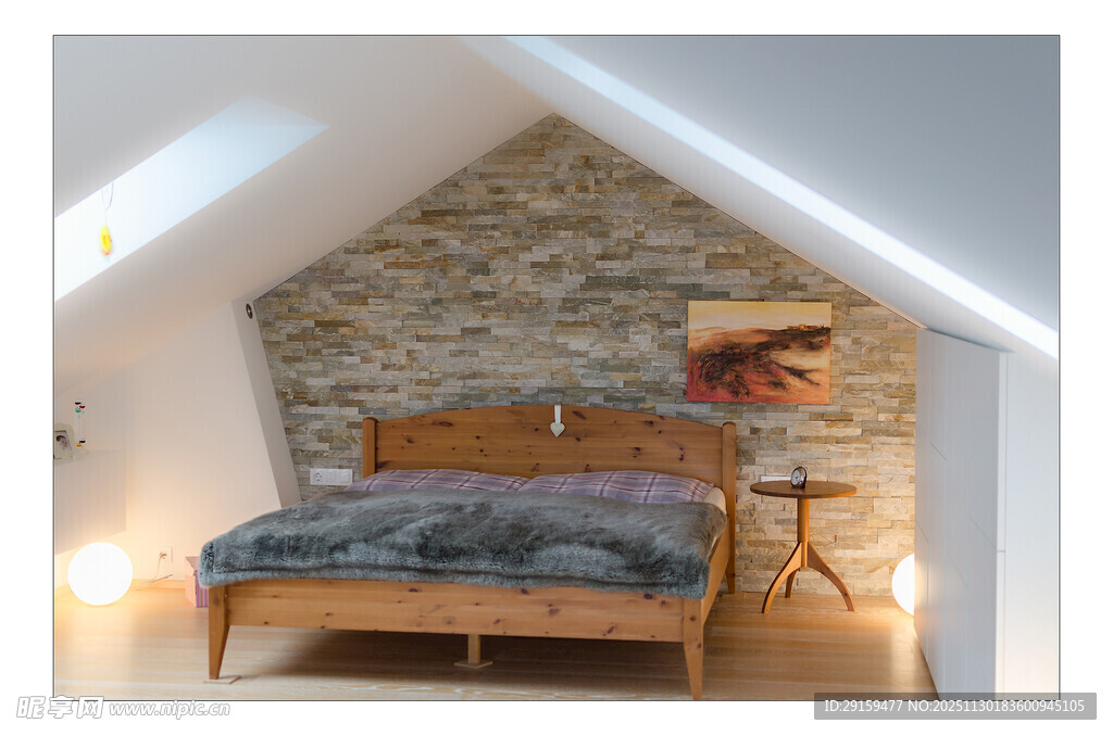 阁楼温馨木质床卧室场景