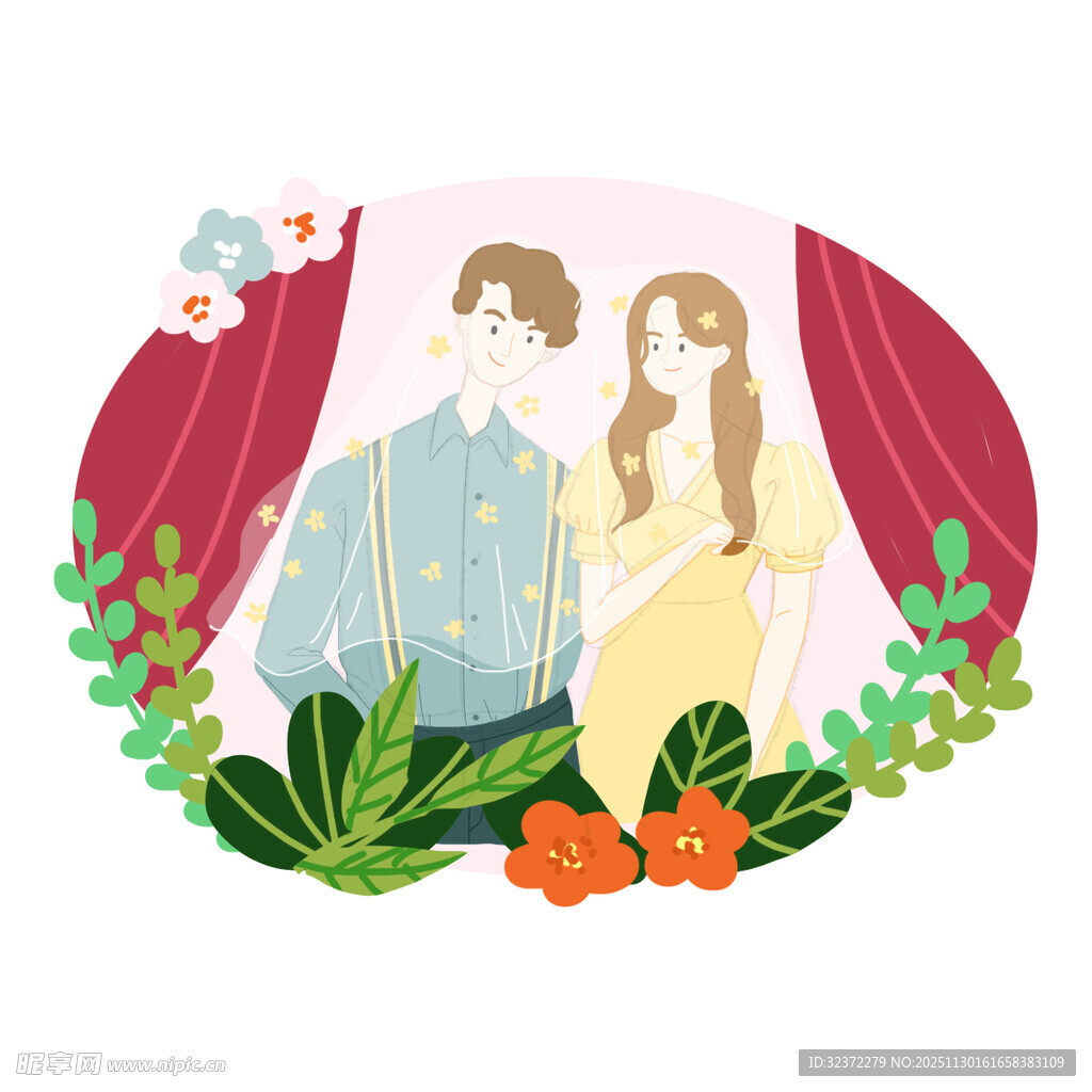 浪漫情侣站在花丛与幕布间