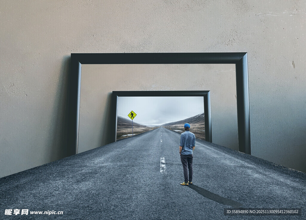 一人于门形框架前的道路