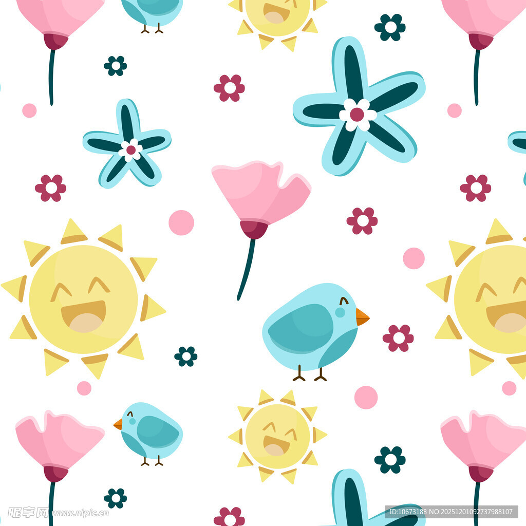 可爱花卉小鸟太阳图案