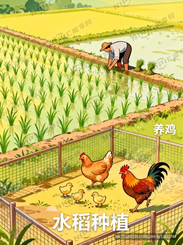 农村水稻种植、养鸡场景