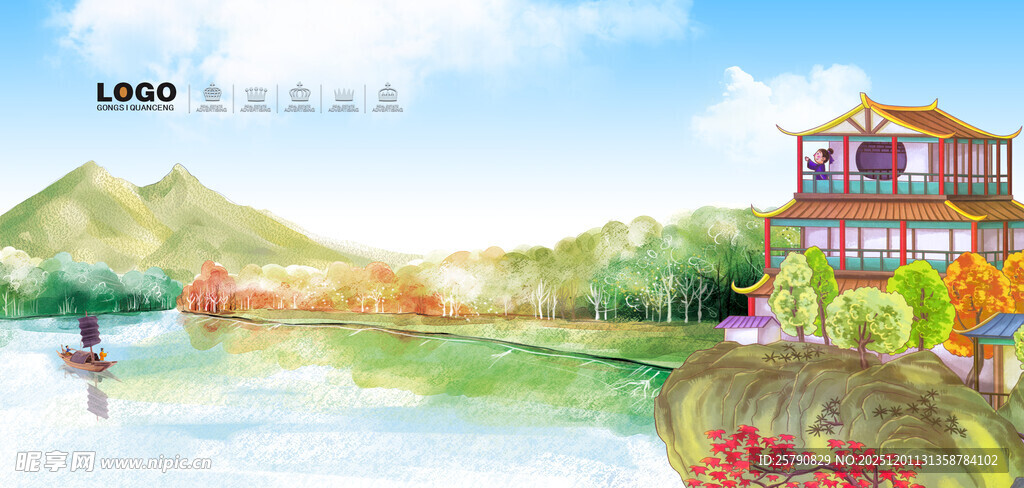 河畔中式楼阁山水美景